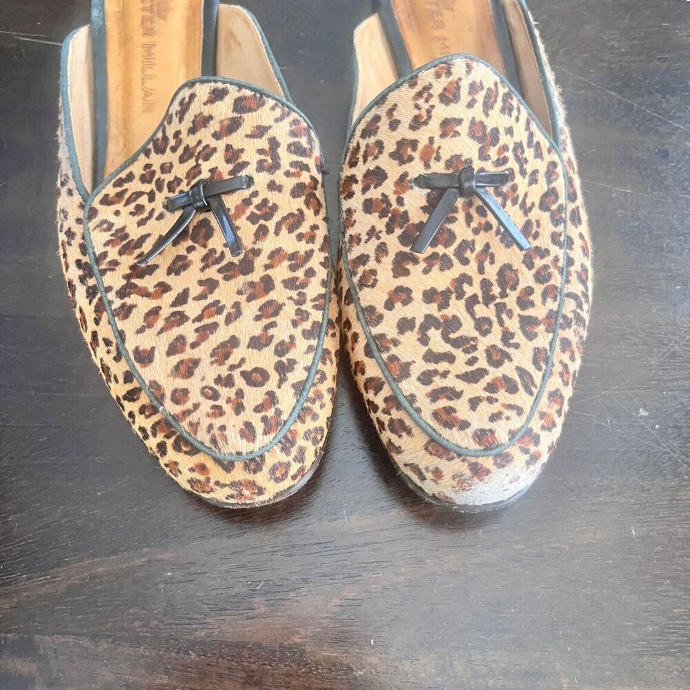 Peter Millar Leopard Calf Hair Slip On Slides Mules Flats Size 7.5 Bow Womens - Picture 3 of 7